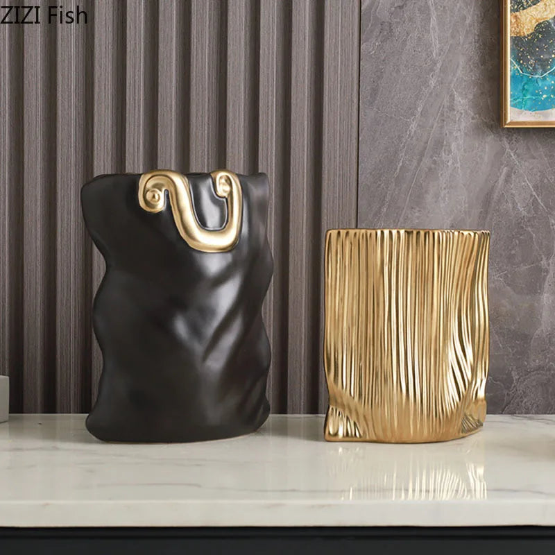 Afralia™ Ceramic Bag Vase with Artificial Flowers for Modern Home Decor