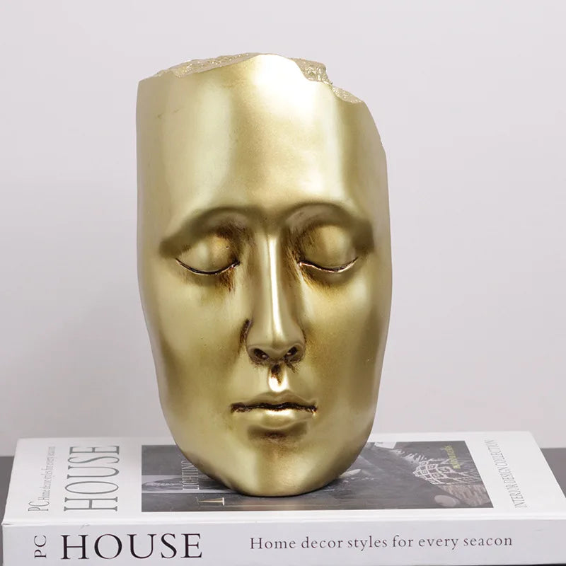 Afralia™ Golden Mask Resin Abstract Face Sculpture for Home Decoration