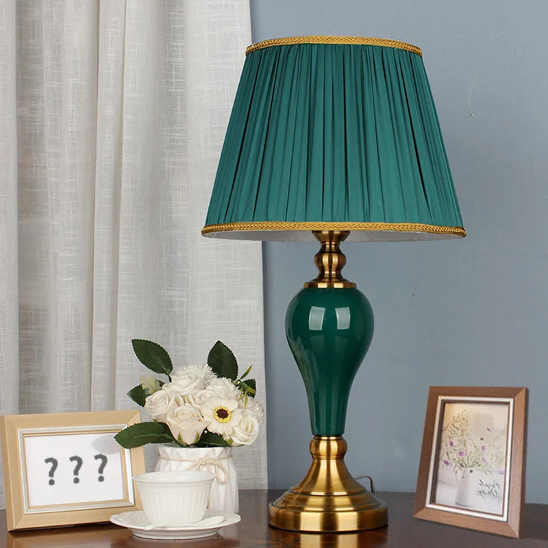Afralia™ Green Ceramic Table Lamp with European Cloth Cover for Modern Living Room and Bedroom