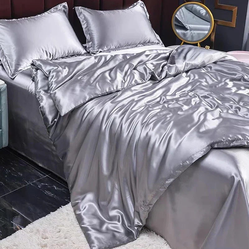 Afralia™ Summer Grey Rayon Silk Bedding Set - Smooth Satin Comforter Kit