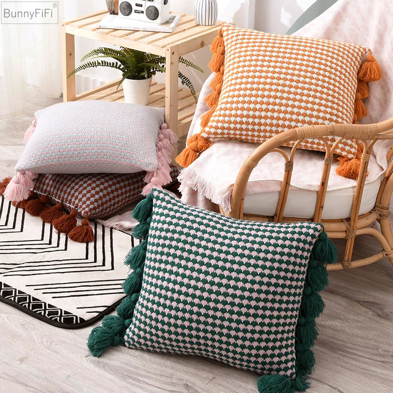 Afralia™ Yellow Pink Plait Brown Knit Tassel Cushion Cover 45x45cm