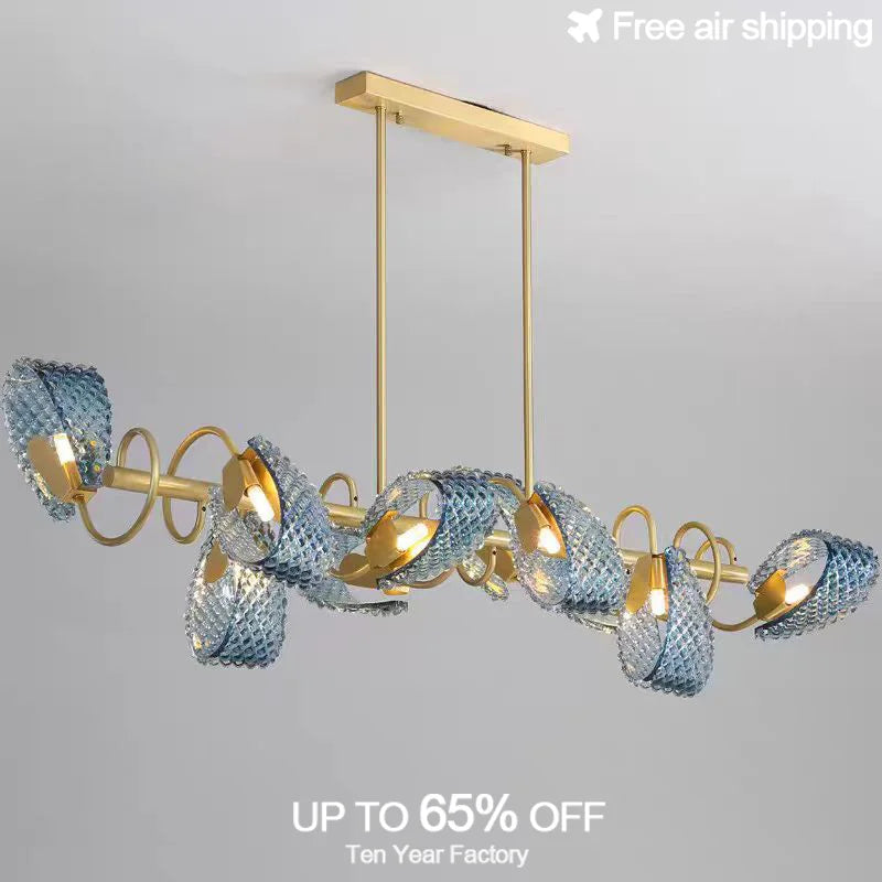 Afralia™ Peacock Blue Glass Shade Chandelier | Luxury Copper LED Pendant Light for Home Dining