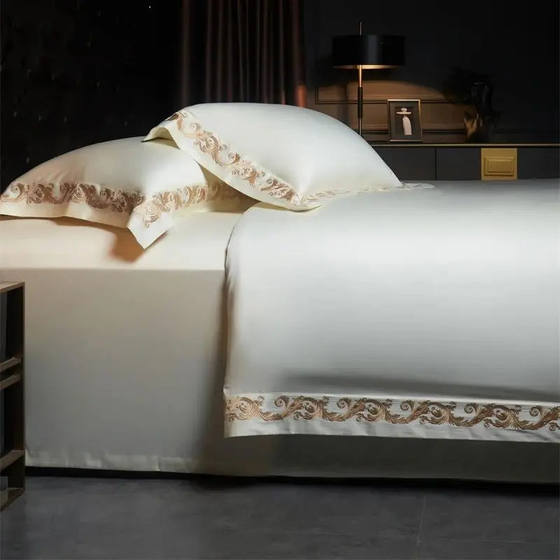 Afralia™ Luxe Gold Embroidery 1400TC Egyptian Cotton Queen King Bedding Set