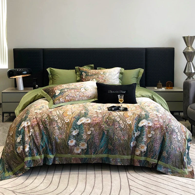 Afralia™ Luxury Flowers 1000TC Egyptian Cotton Bedding Set: 1 Duvet Cover, 1 Sheet, 2 Pillowcases