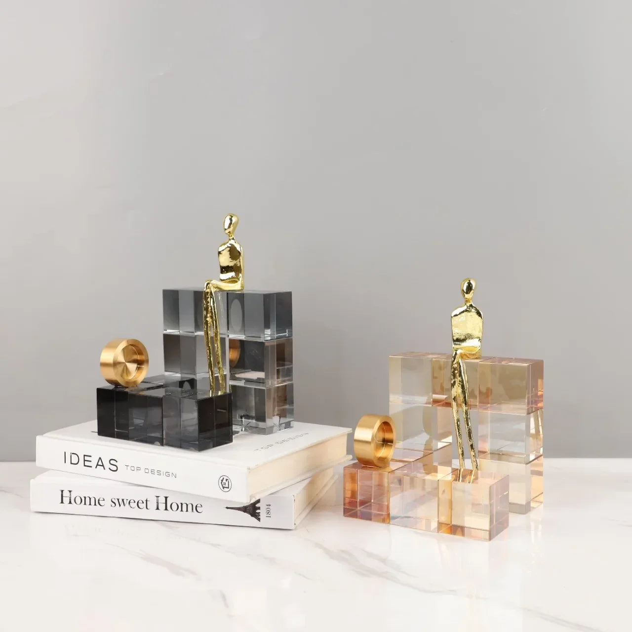 Afralia™ Geometric Stair Crystal Ornament Metal Gold Sculpture