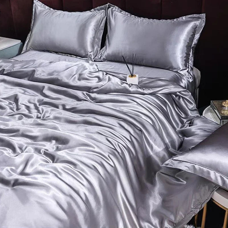 Afralia™ Summer Grey Rayon Silk Bedding Set - Smooth Satin Comforter Kit