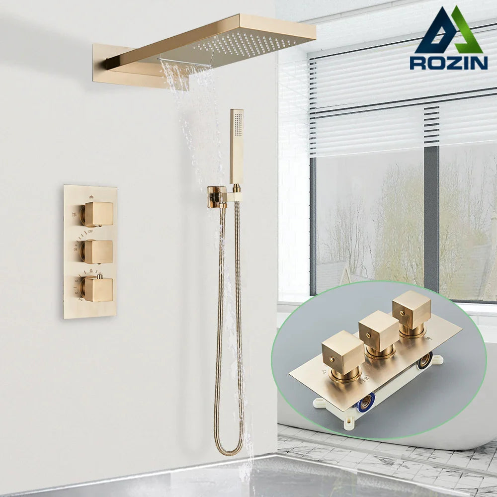 Afralia™ Brushed Gold Thermostatic Shower Faucet Set with Concealed Mixer Tap
