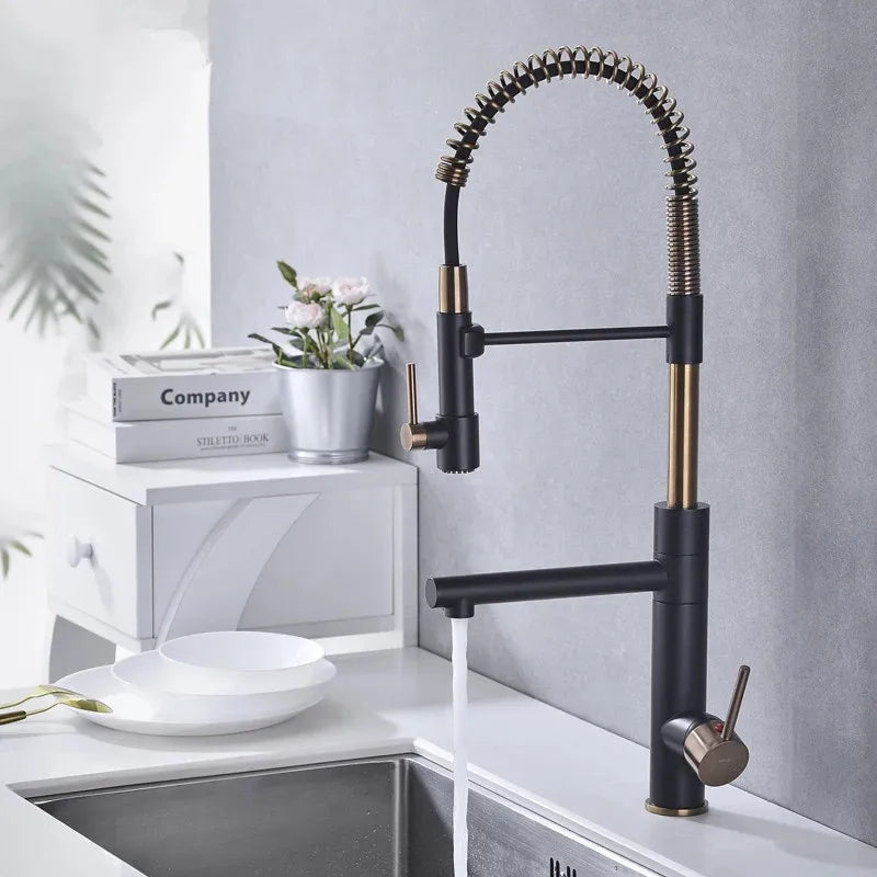 Afralia™ Brushed Gold Kitchen Faucet with Pull Down Spring Spout for Hot Cold Water