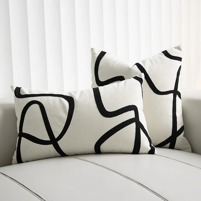 Afralia™ Geometric Line Embroidered Pillowcase in Black White Beige Suede Canvas