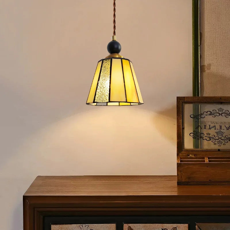 Afralia™ Tiffany Glass LED Pendant Lights: Modern Nordic Copper Wood Hanging Lamp