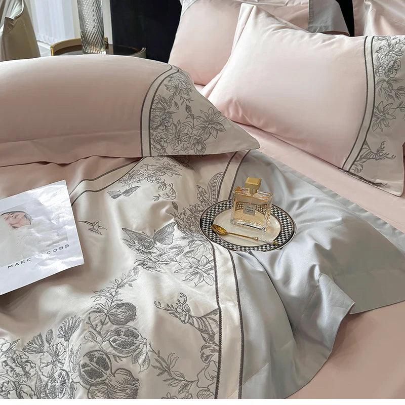 Afralia™ Luxe Butterfly Flowers Embroidery Bedding Set with Duvet Cover Sheet Pillowcases 4Pcs