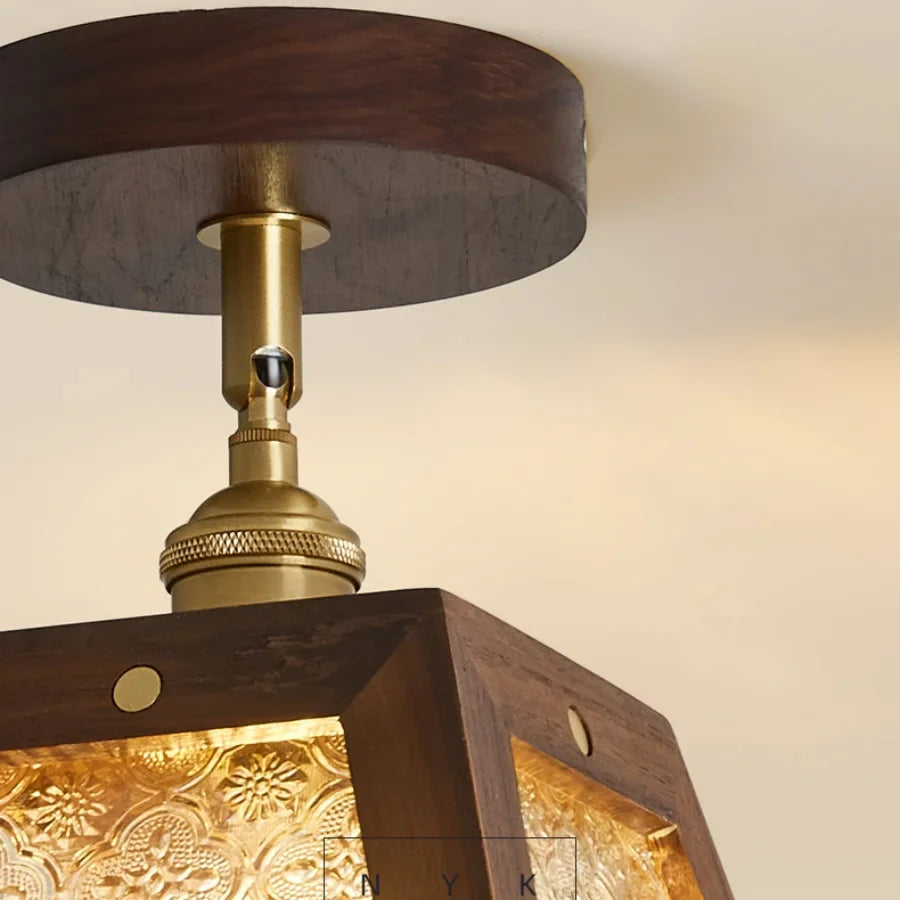 Afralia™ Vintage Wood & Copper Rotatable Ceiling Light - Amber Glass LED Fixture
