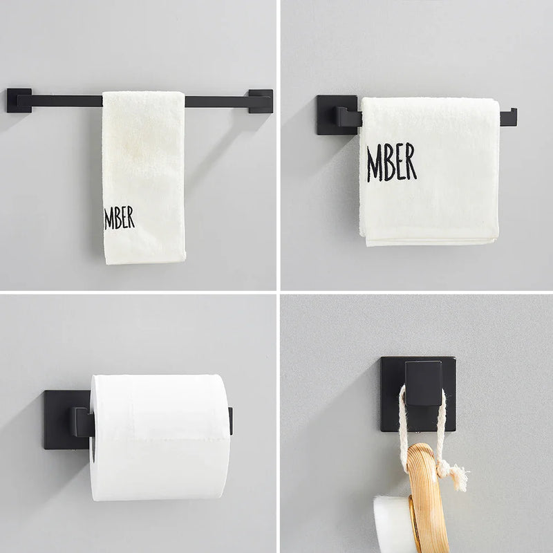 Afralia™ Black Stainless Steel Bathroom Accessories Set: Towel Bar, Paper Holder, Hook & Bath Rack