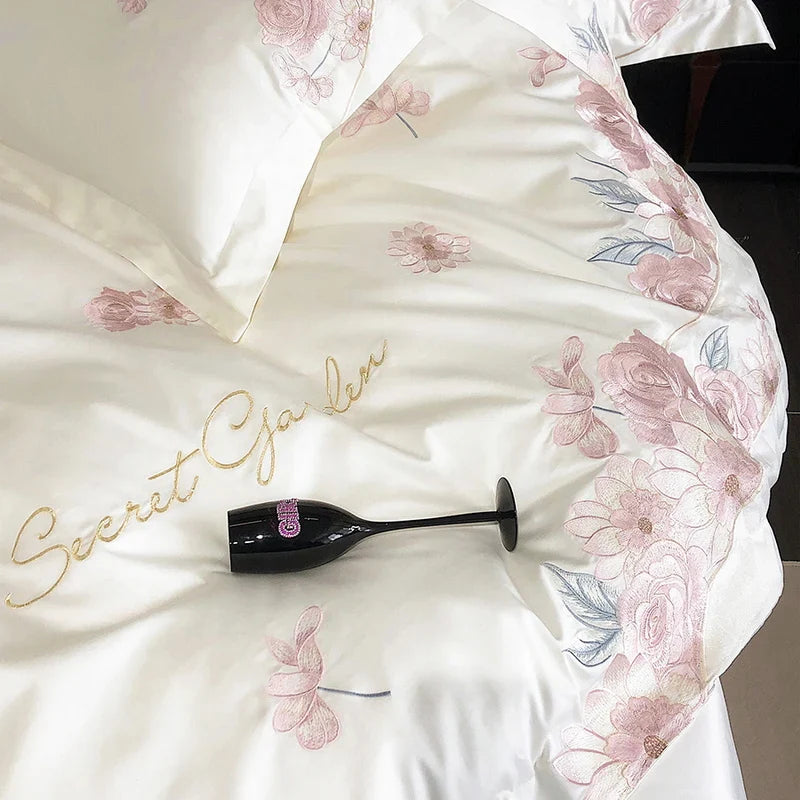 Afralia™ Luxury Flowers Embroidery Bedding Set 600TC Egyptian Cotton Duvet Cover Queen King Size