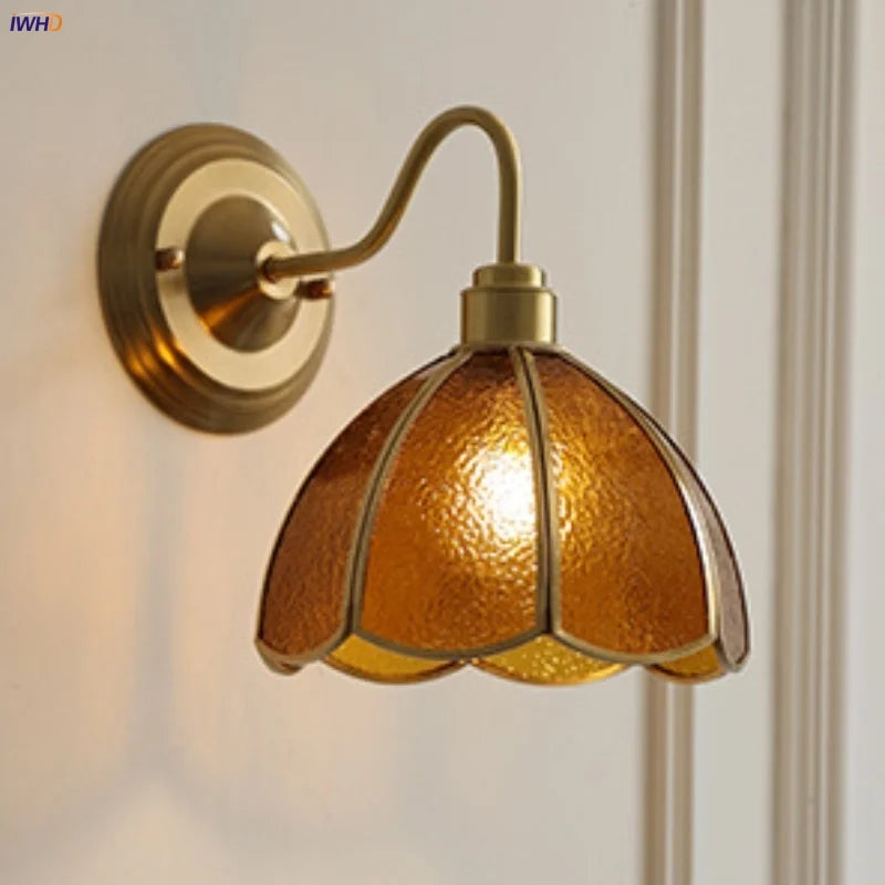 Afralia™ Vintage Glass Copper Wall Lights LED Bedroom Bedside Lamp Decor