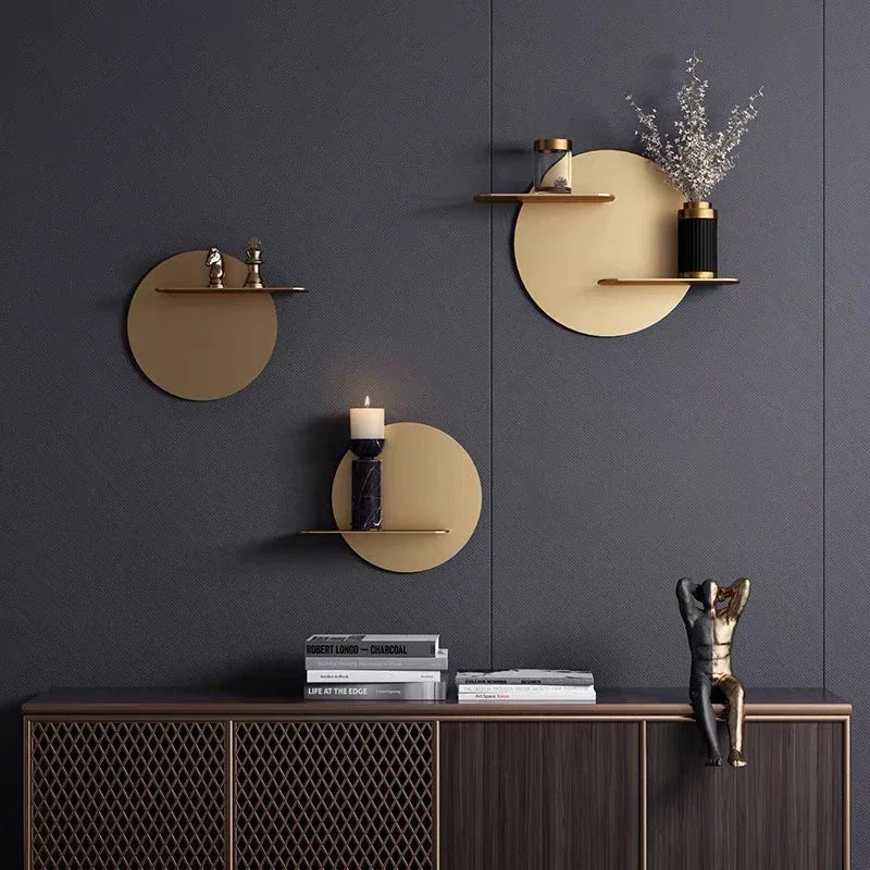 Afralia™ Gold Metal Round Wall Storage Shelf with Hooks