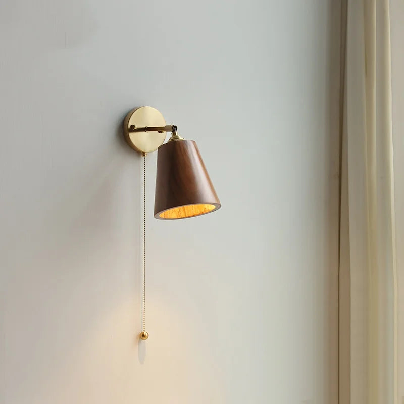 Afralia™ Walnut Wood LED Wall Light Fixture with Pull Chain Switch, Rotating Up Down Design
