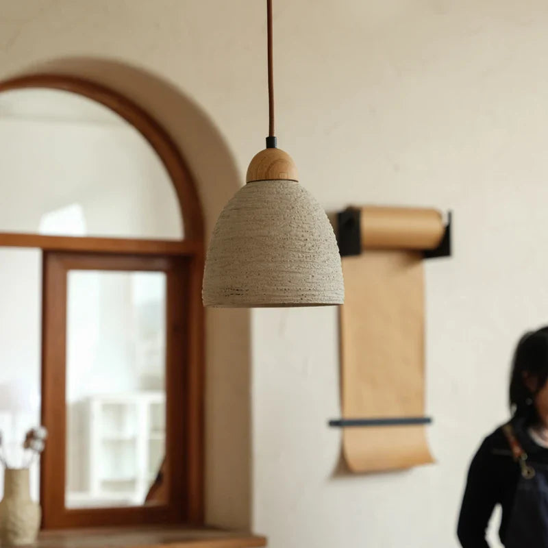 Afralia™ Wood Cement LED Pendant Light Fixture Adjustable Hanging Lamp