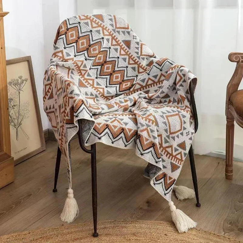 Afralia™ Bohemian Striped Knit Throw Blanket with Tassel Shawl - Versatile and Cozy Blanket