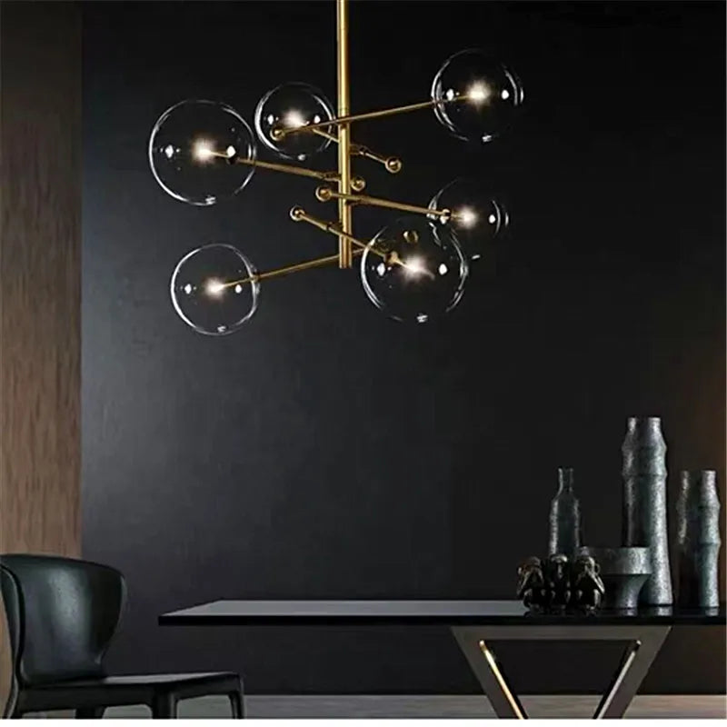 Afralia™ Black Gold Brass Chandelier with Clear Glass Art - Vintage Geometric Lighting