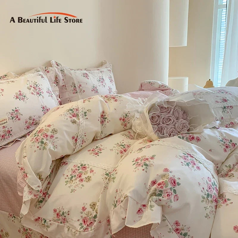 Afralia™ Princess Pastoral Cotton Bedding Set with Lace Ruffles & Floral Design