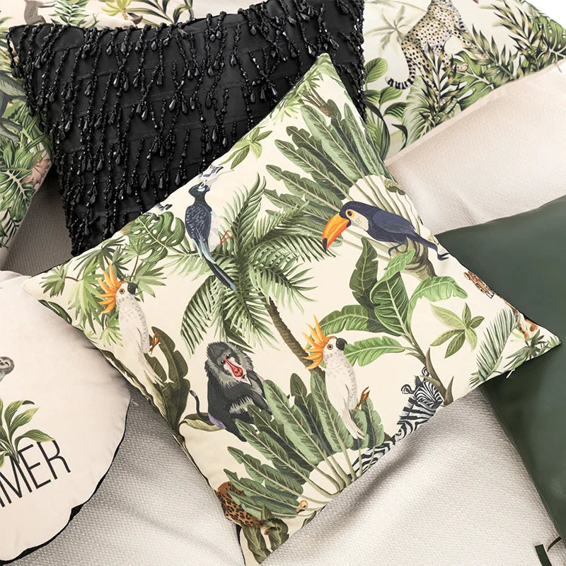 Afralia™ Jungle Cartoon Print Velvet Cushion Cover - Hawaiian Decor for Sofa