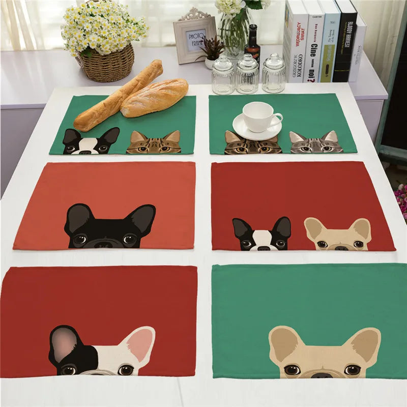 Afralia™ Dog Cat Pattern Cotton Linen Dining Table Mats 32*42cm