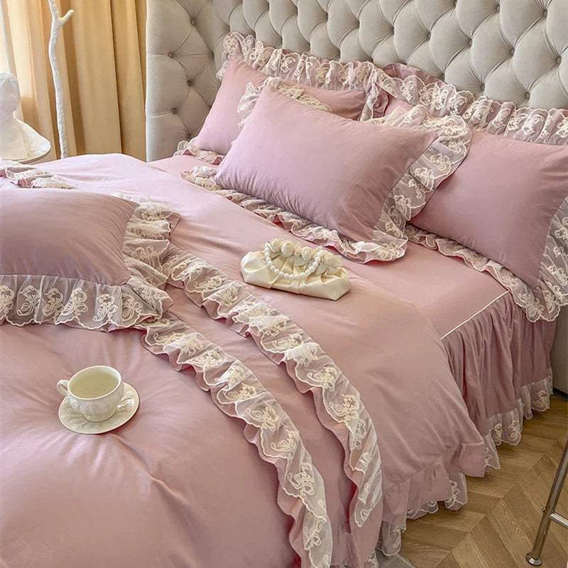 Afralia™ Korean Princess Lace Ruffles Bedding Set in Bean Paste Pink