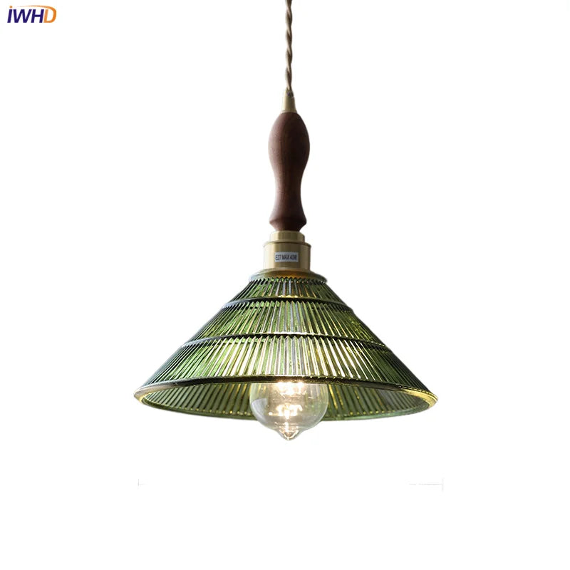 Afralia™ Walnut Wood LED Pendant Light Fixture with Adjustable Green Glass Shade