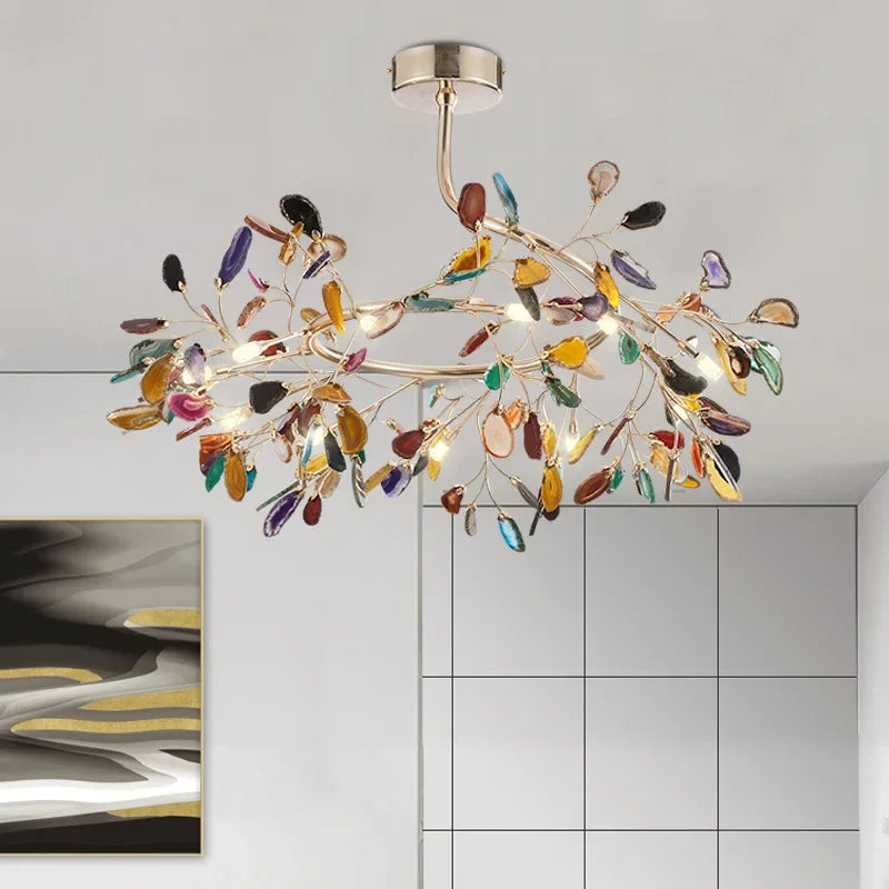 Afralia™ Colorful Agate LED Chandeliers: Leaves Shape Pendant Lamp for Romantic Room Décor
