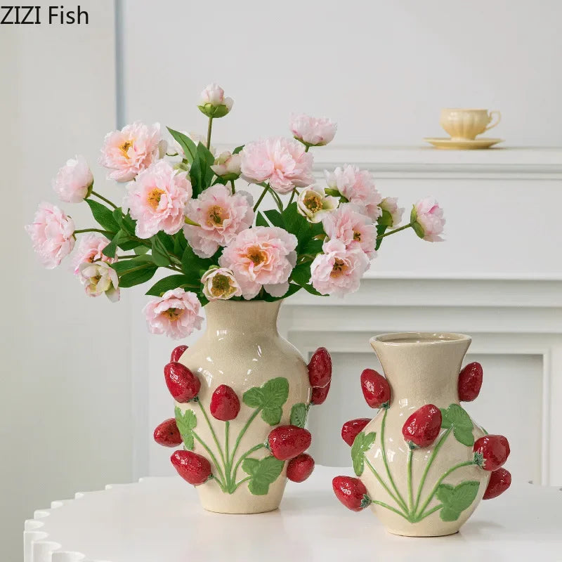 Afralia™ Strawberry Relief Ceramic Vase for Chic Room Aesthetic Flower Arrangement