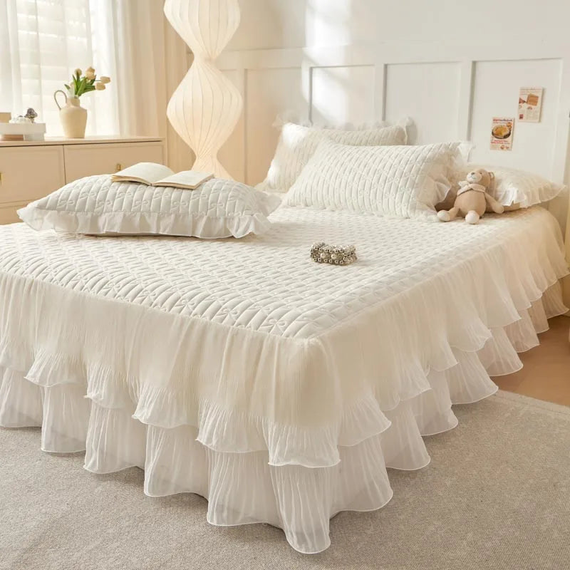 Afralia™ Lace Ruffles Cooling Bed Skirt Set with Pillowcases