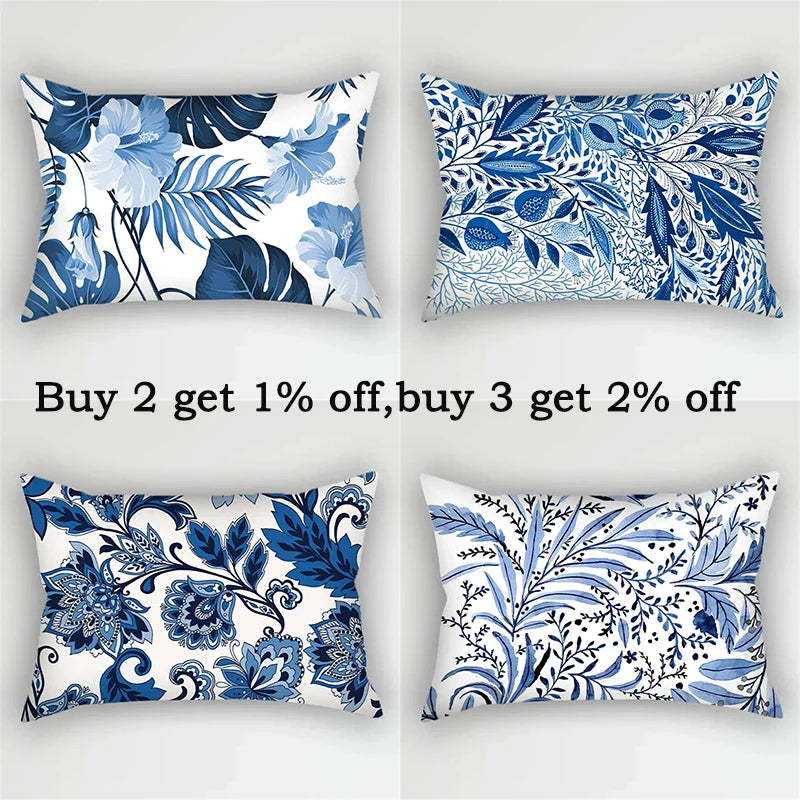 Bohemia Blue Flower Polyester Pillowcase - Retro Ink Leaves Plant Cushion Cover - Afralia™