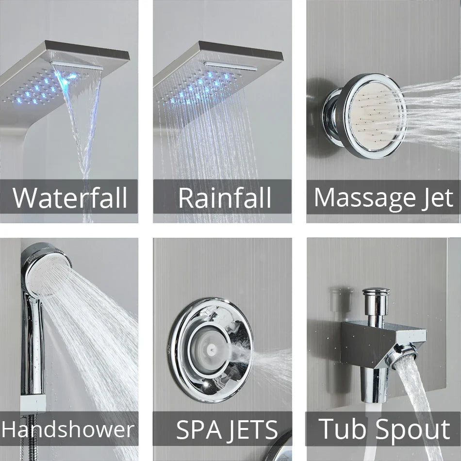 Afralia™ LED Rainfall Shower Panel System Black/Brushed Finish