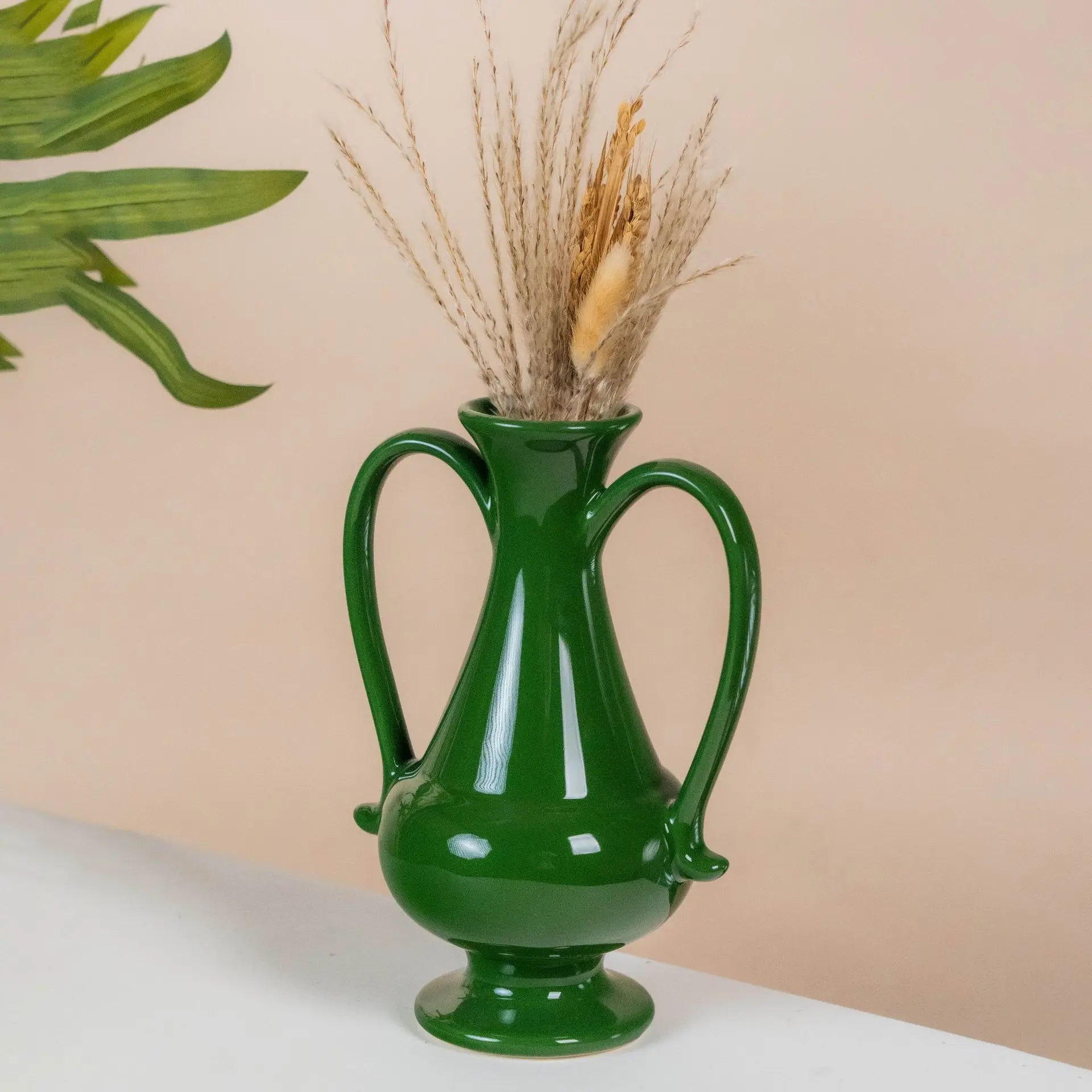 Afralia™ Green Ceramic Vase Double-eared Vintage Bottle Flower Arrangement Home Decor