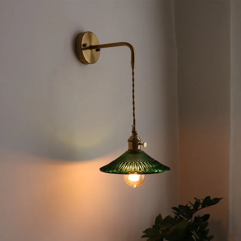 Afralia™ Copper Glass Pull Chain LED Wall Sconce for Indoor Living Room Stairway Lighting