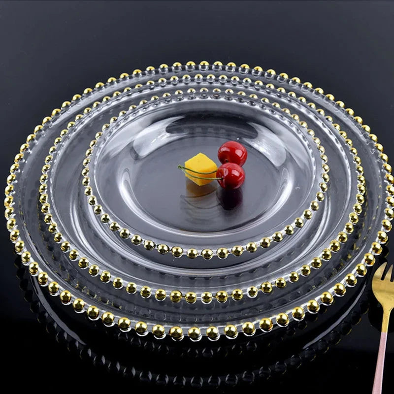 Afralia™ Gold Beads Glass Plate, Large Round Fruit Plate for Stylish Dining