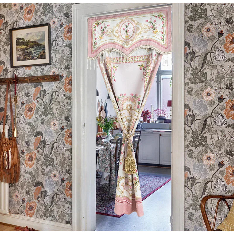 Afralia™ Pink Velvet Rococo Curtains with Crystal Tassels - Vintage Floral Print