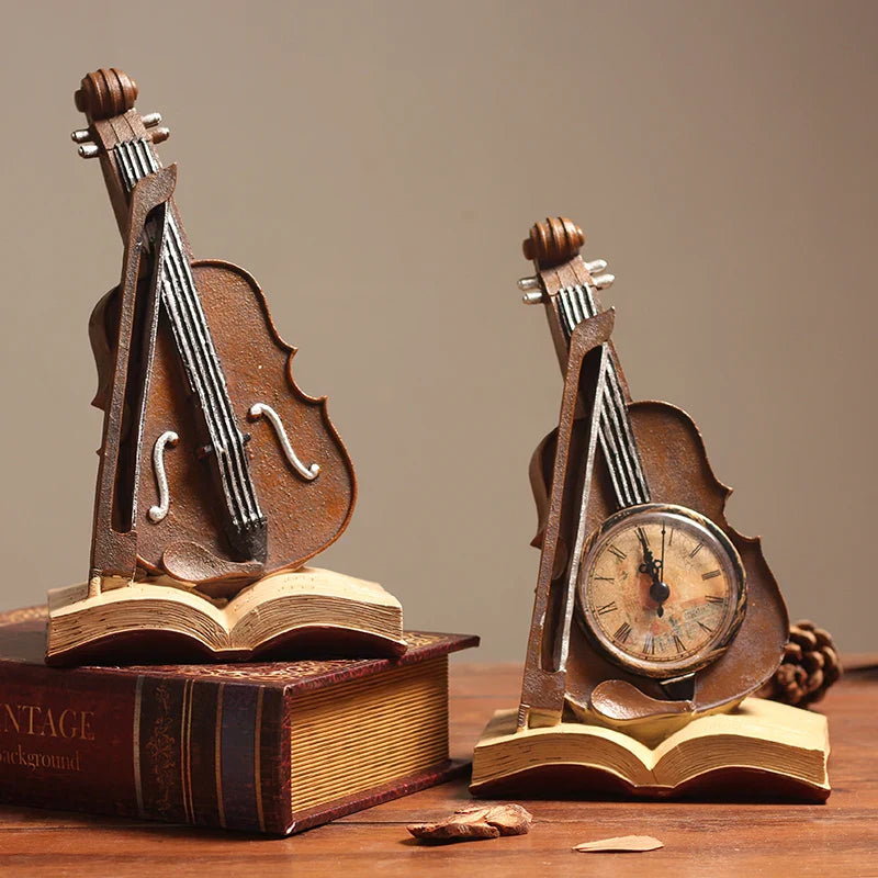 Afralia™ Violin Ornaments Clock Sculpture for Home Decor