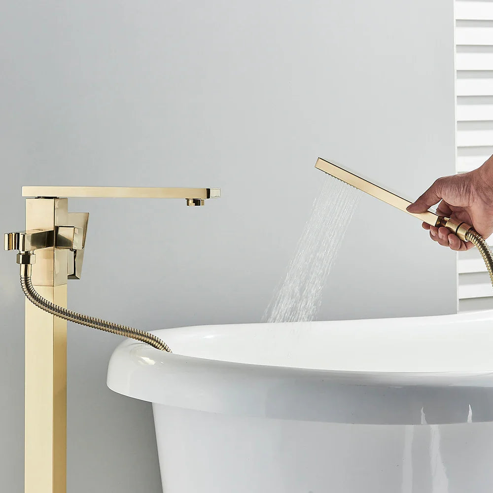 Afralia™ Brushed Gold Tub Shower Faucet Floor Mounted Waterfall Mixer Tap
