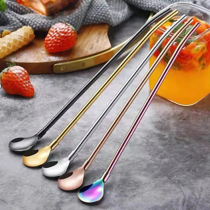Afralia™ Stainless Steel Long Drinking Straw Spoon Set with Cleaning Brush, Bar Kitchen Drink Accessories