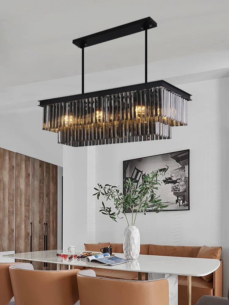 Afralia™ Crystal Pendant Light: Black Rectangular Dining Room Fixture, American Style Retro Design