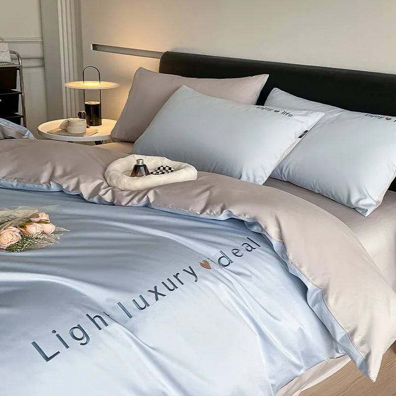 Afralia™ Pure Cotton Embroidered Bed Sets Solid Color Fitted Sheet Kit, Cozy Comforter Sets