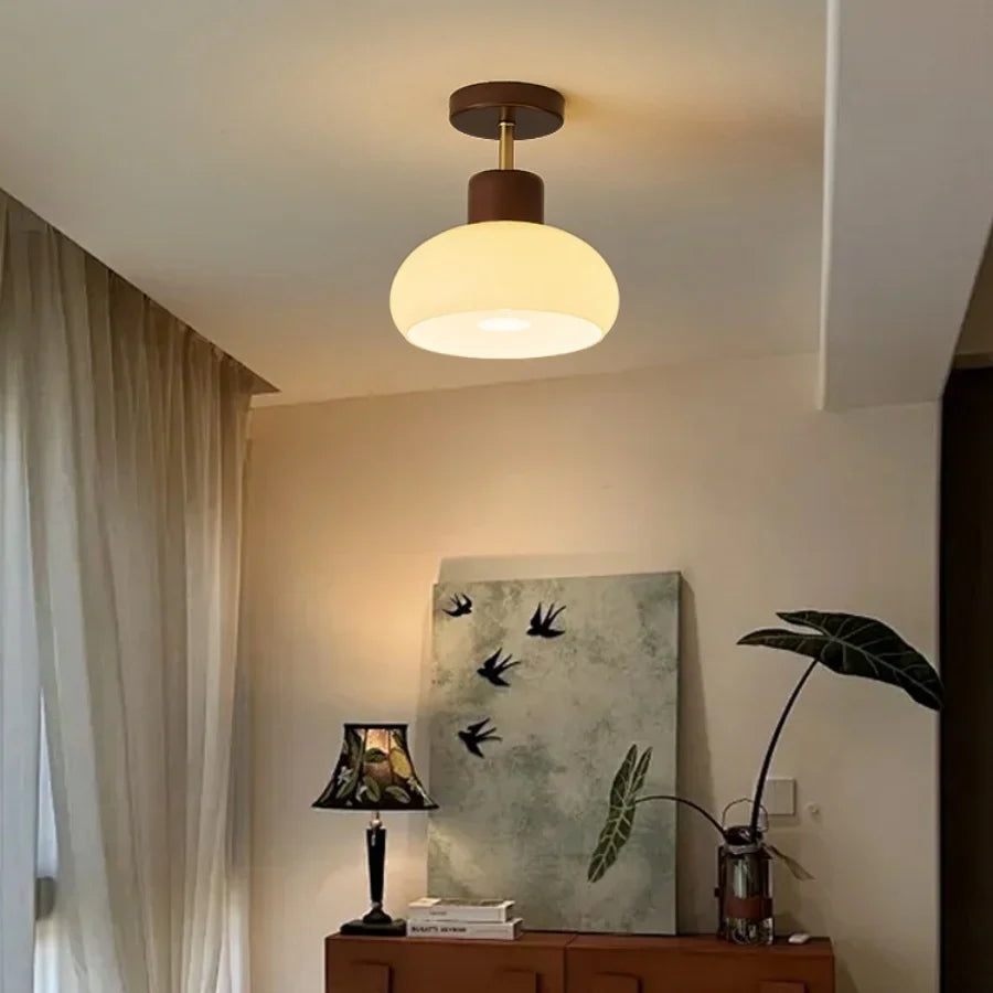 Afralia™ Pale Yellow Glass Wood LED Ceiling Lights Flush Mounted Round Nordic Modern