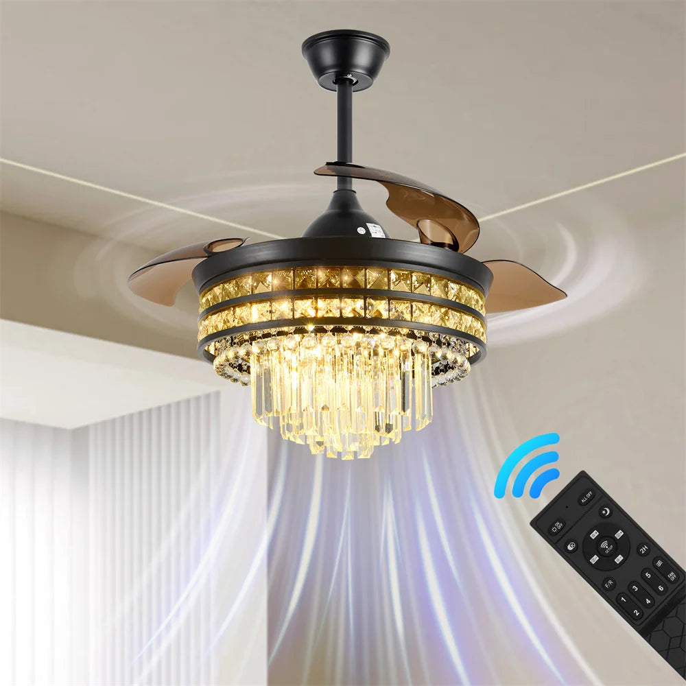 Afralia™ Crystal Fandelier Ceiling Fan with Retractable Chandelier & Invisible Blades