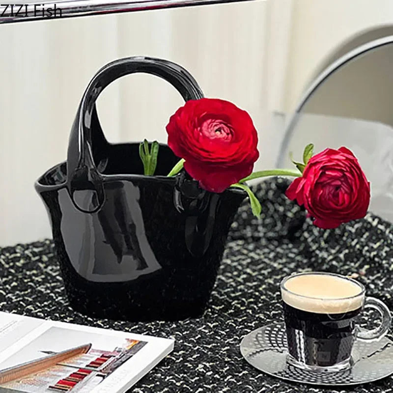 Afralia™ Handbag Ceramic Vase Desk Decoration Artificial Flower Floral Arrangement Aesthetic Decor