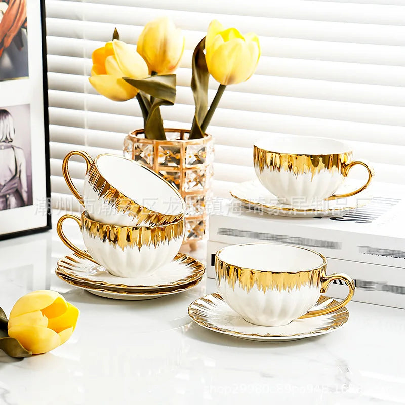 Afralia™ Golden Ceramic Tea Cup Set, Elegant English Afternoon Tea, High Aesthetic Value