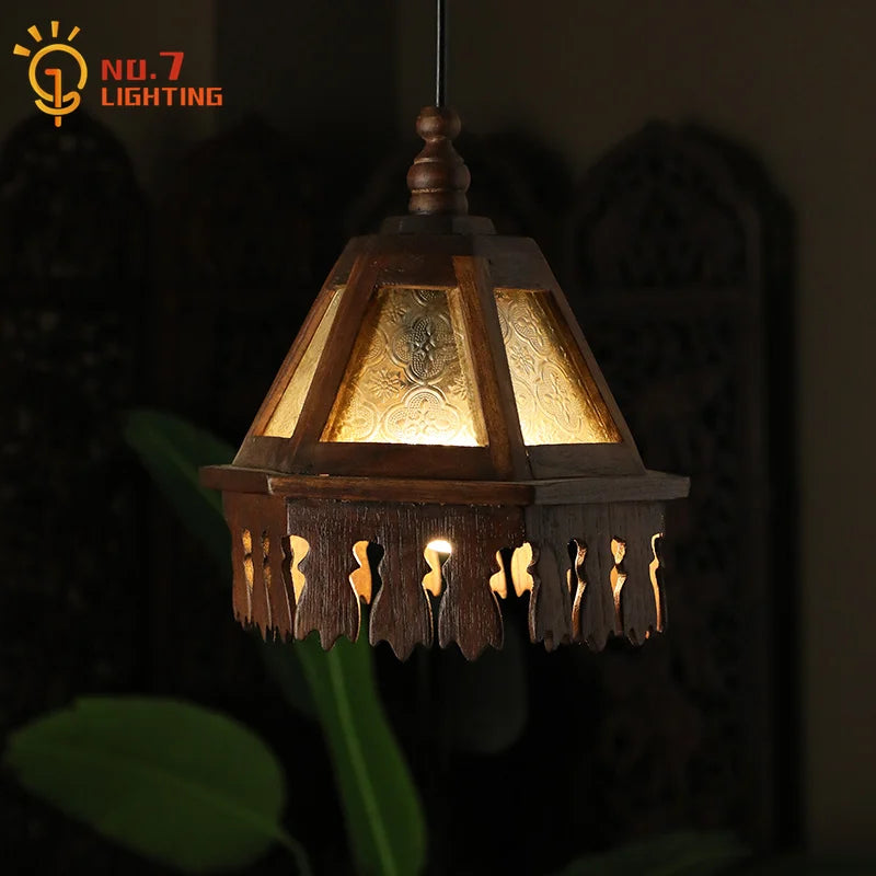 Afralia™ Retro Thai Pendant Lights Solid Wood Glass LED Hanging Lamp