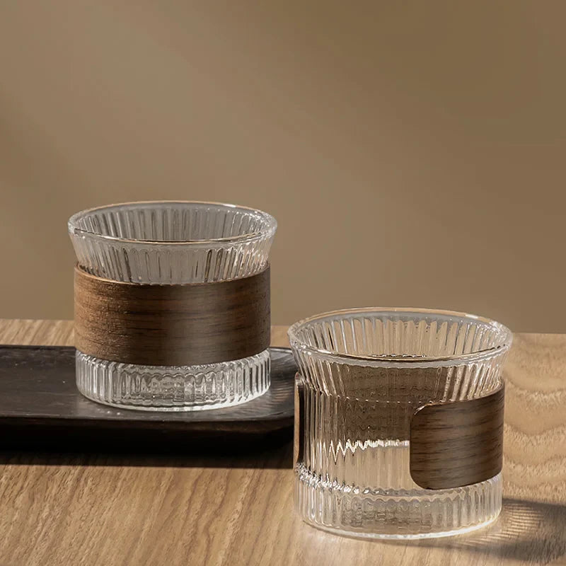 Afralia™ Japanese Glass Tea Cup Set with Walnut Sleeve - High Quality Transparent Drinkware