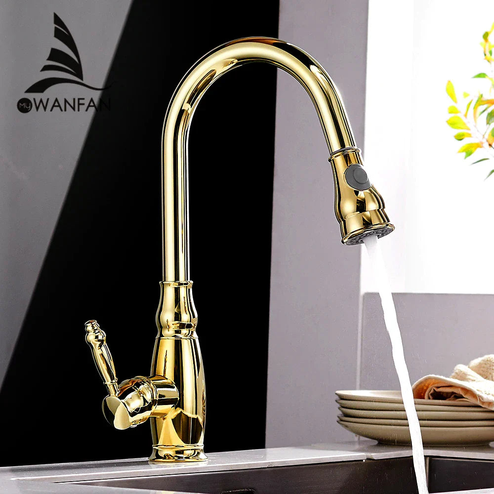 Afralia™ Gold Kitchen Sink Mixer Faucet with Pull Out Spray Head Rotation - WF-4118